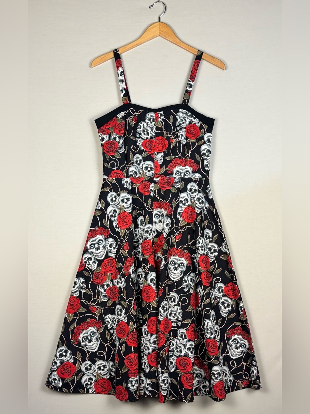 Criminal Damage Skull Rose Dress L Goth Rockabilly Fit Flare Cotton Beltless